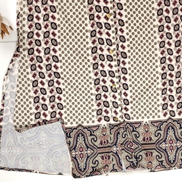 BCBGMAXAZRIA Cream Red Paisley Print Button Down Poly Tunic Top Sz L - Picture 8 of 11
